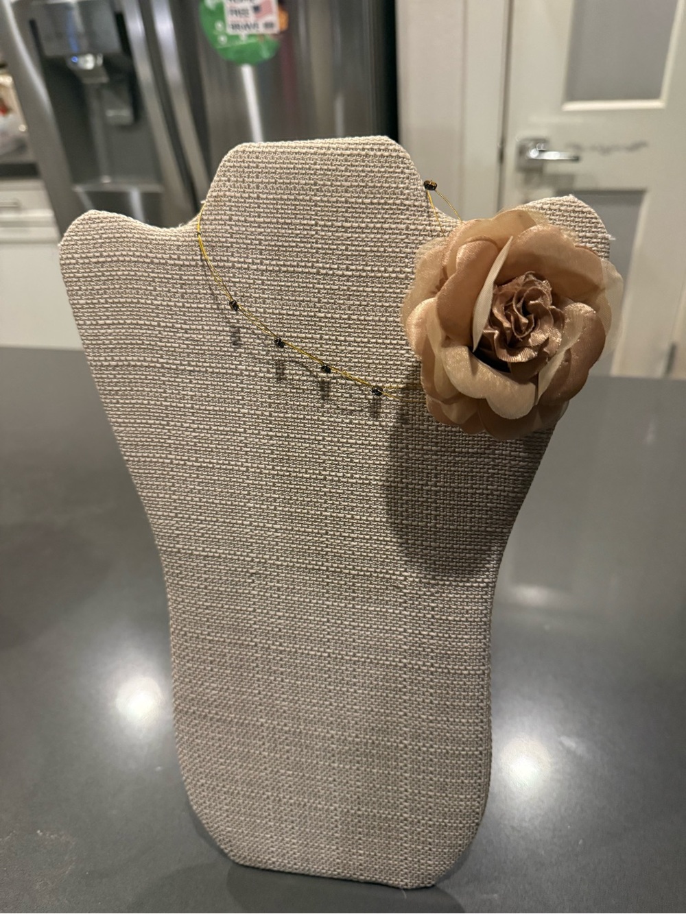 Gold Chain Necklace with Black and Beige Beads - Women's Elegant Accent